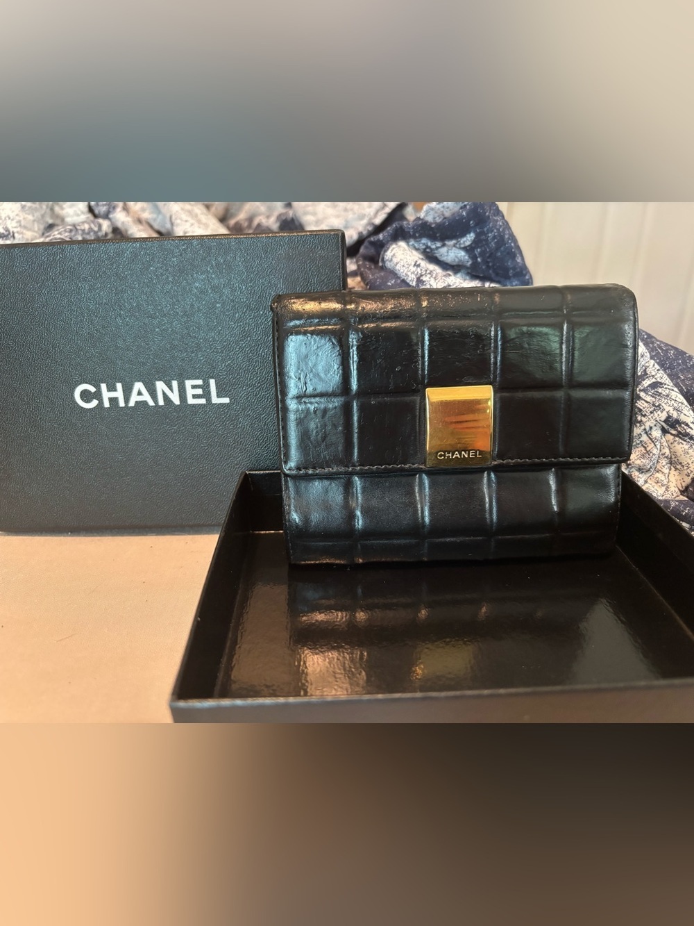 Authentic Vintage Chanel Black Lambskin Trifold Wallet - GUC- with Chanel Box